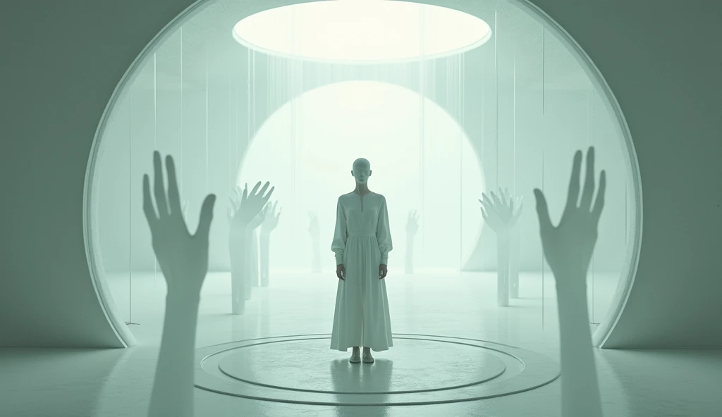 A science fiction scene with a neutral color scheme. There are transparent walls with the silhouettes of desperate hands and faces trying to communicate from other dimensions. In the center of the room, there is an androgynous person dressed in white, with their face concealed. The room has a futuristic design with curved walls and a circular pattern on the floor. The lighting is soft.