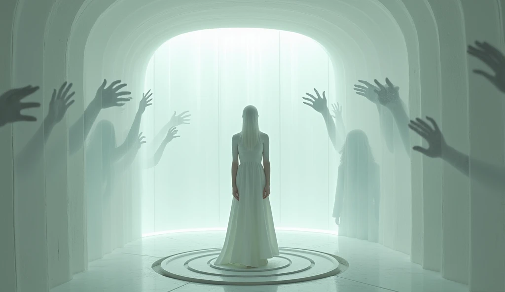 A science fiction scene with a neutral color scheme. There are transparent walls with the silhouettes of desperate hands and faces trying to communicate from other dimensions. In the center of the room, there is an androgynous person dressed in white, with their face concealed. The room has a futuristic design with curved walls and a circular pattern on the floor. The lighting is soft.