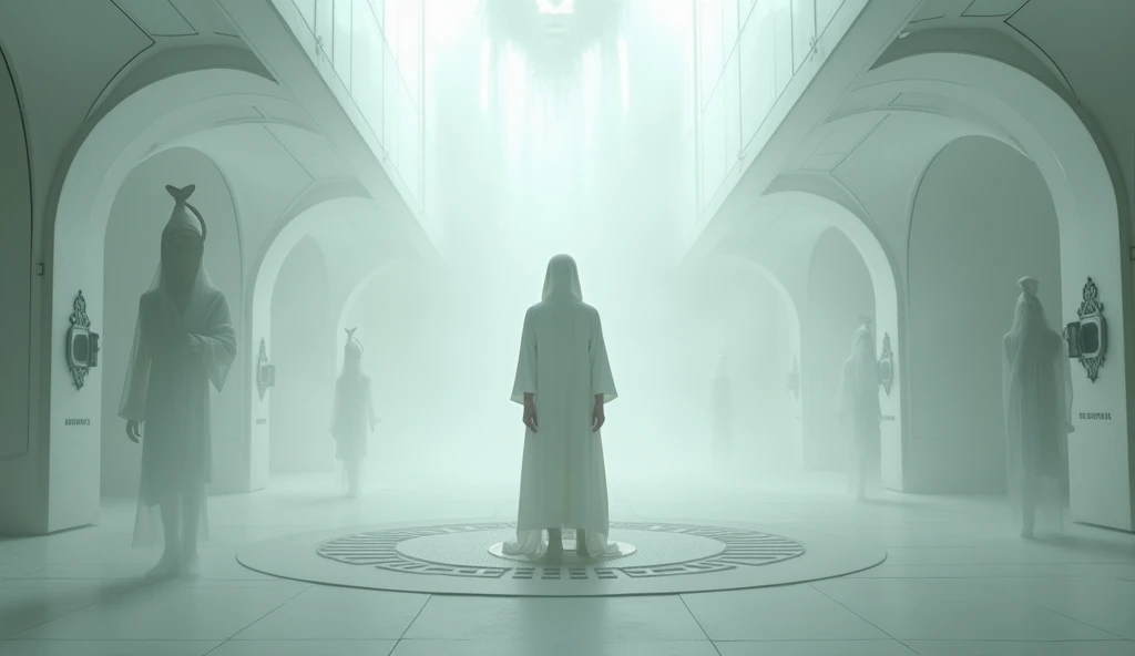 A science fiction scene with a neutral color scheme. There are transparent walls with the silhouettes of desperate hands and faces trying to communicate from other dimensions. In the center of the room, there is an androgynous person dressed in white, with their face concealed. The room has a futuristic design with curved walls and a circular pattern on the floor. The lighting is soft.