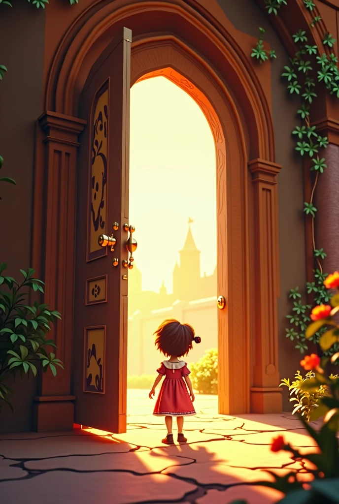 A child entering through a very large door, Disney Pixar style
