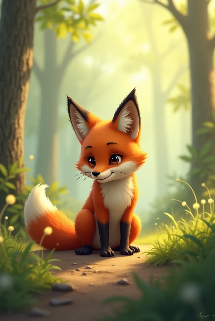 A brown fox getting ready to hunt,Cute and realistic,Preparing for hunting,Background morning forest,Cute and realistic風格