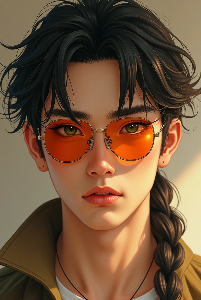(photorealism:1.2), Japanese young man, clean shaved face, has mullet shaggy hair tied in French braid, half lidded green eyes, wearing orange sunglasses, has aquiline nose, has sharp jawline, facing camera, relaxed pose, realistic, intricate details, warm colors, by Greg Rutkowski, by Alphonse Mucha