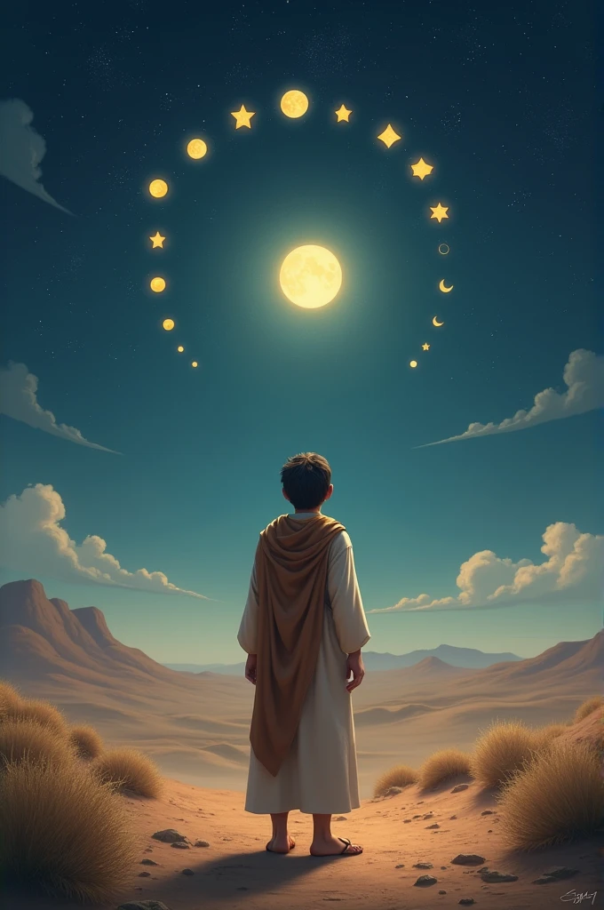 *Young Yusuf's Dream:* A young Prophet Yusuf (Joseph) standing under a night sky, gazing up with wonder as the sun, moon, and eleven stars bow towards him. The background shows a serene, ancient Middle Eastern landscape