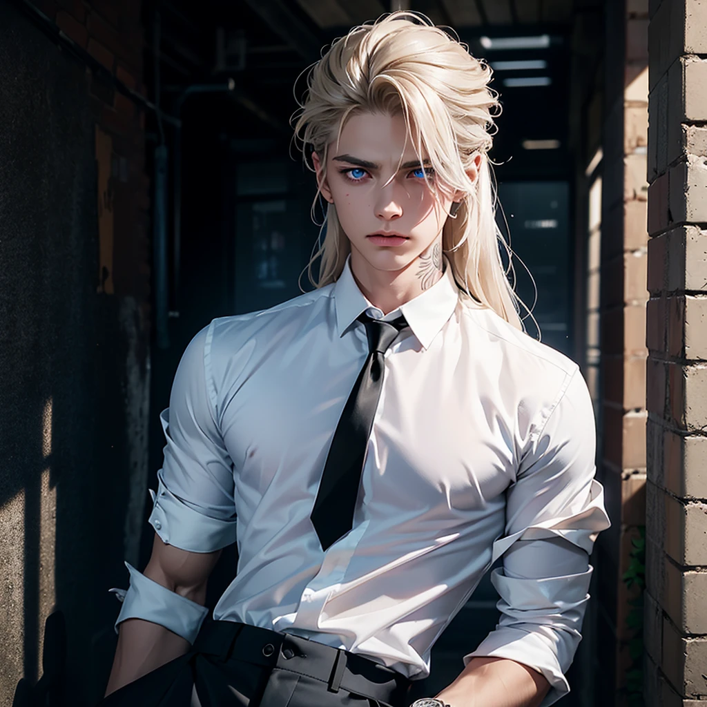 -Create 1 boy -He wears a formal white shirt -Formal black pants -He has tattoos on his arms -He wears a watch on his left hand -He has medium-long hair, that fall disheveled waves -Has broad shoulders -Has a slim body -Has a muscular body -Silver blonde hair -His skin tone is pale -Bright blue eyes -Smoke coming out of his mouth -His personality should convey sadness and loneliness -Penetrating gaze -Attractive face -Marked and thin jaw -With a background of a dark abandoned alley