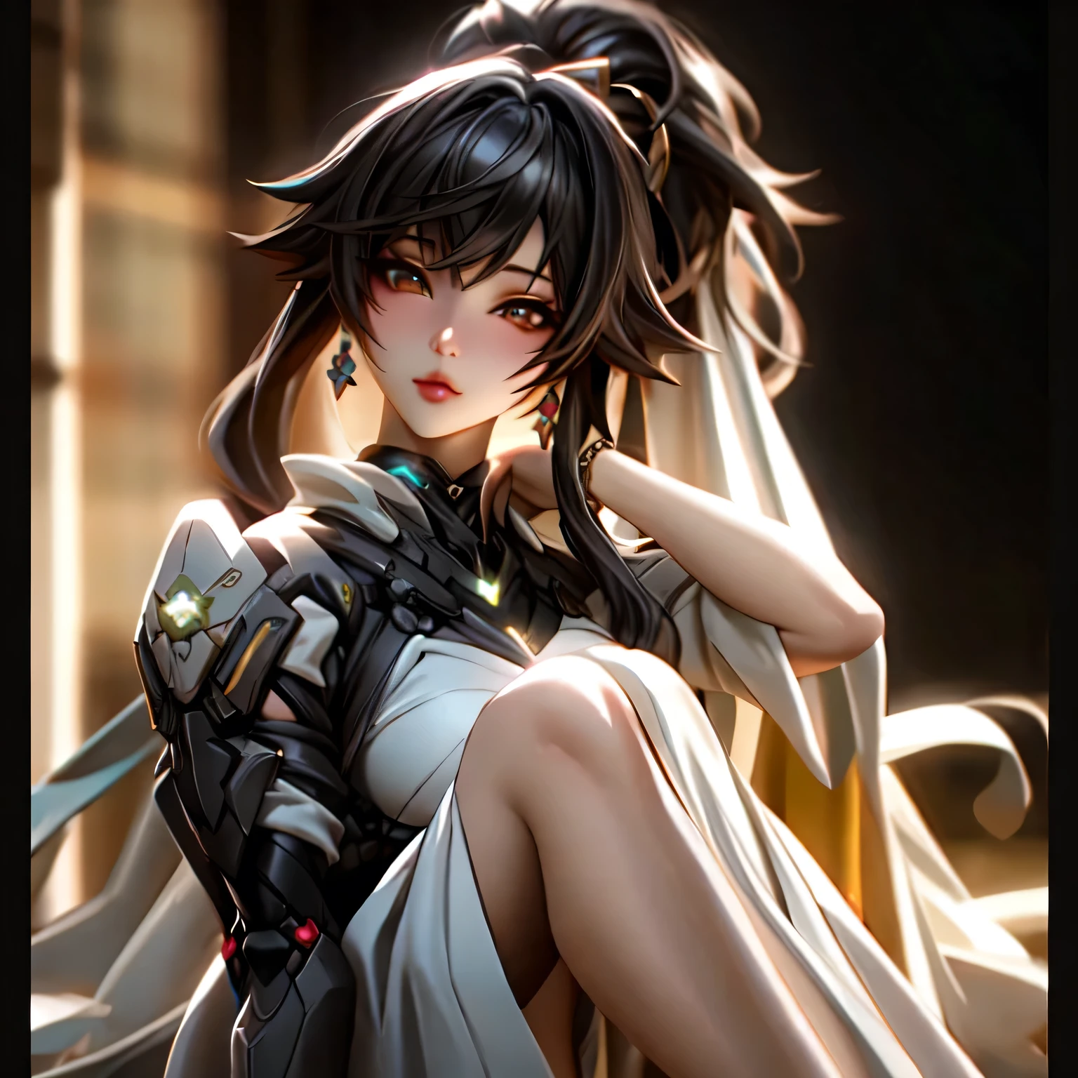 (best quality)), ((Masterpiece)), (details:1.4), 3d, HDR (high dynamic range), an image of a beautiful cyberpunk female, Black hair, High ponytail, Full body, Golden eyes, จมูกโด่ง, ปากแดง, หน้าอกใหญ่, nvidia RTX, PBR surface, After processing, Anisotropic filtration,depth of field, Maximum clarity and clarity, multi-layered surface, Subsurface scattering, perfect proportions, 8K raw files, ultra detailed, Perfect proportions, volumetric lighting, soft lighting, Holy Paladin, Heavy Black Armor, glossy skin, castle background, jewely, ต่างหู, นิ้วมือสมบูรณ์,