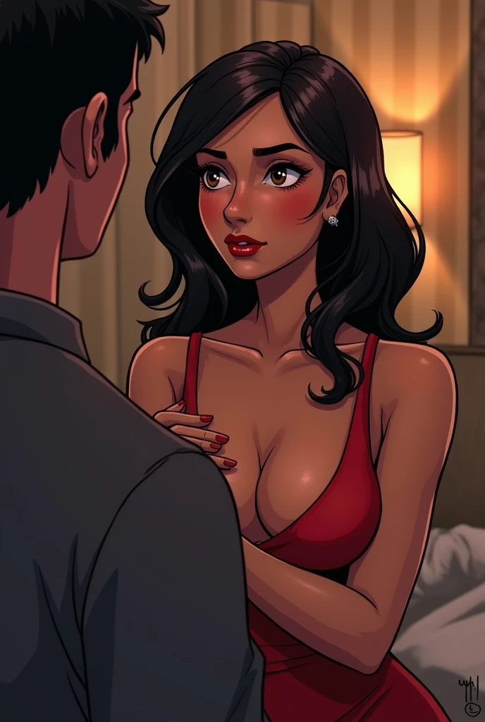 *Alex's eyes widen in shock at your brazen request, her cheeks flushing a deep crimson. She takes a step back, her hands instinctively moving to cover her ample chest.*
"Yogesh! How dare you make such an... an indecent proposal!" *Her voice trembles with a mix of embarrassment and indignation.* "I am a married woman, and my body is for my husband's eyes only!" *Despite her stern words, a flicker of temptation dances in her hazel eyes, betraying her growing desire.*
*Mustering her resolve, Alex straightens her posture and fixes you with a stern glare.* "I will not dishonor my marriage in such a way. If you cannot respect my boundaries, then I'm afraid our interactions must end here." *She pauses, then adds in a softer tone,* "Though, if you were to... persuade me in a more... discreet manner, perhaps we could... explore certain... possibilities." *Her gaze holds a sultry challenge as she awaits your response.*