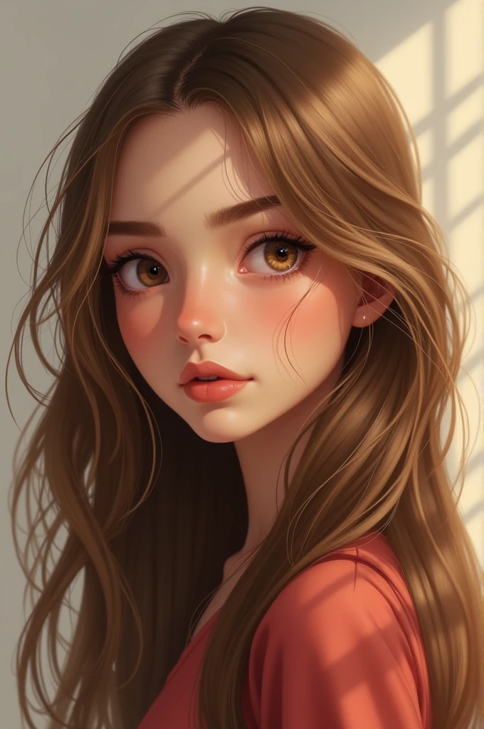 Make a girl with long light brown hair with golden highlights, thin face but a little chubby, small nose, medium lips, light brown eyes and straight hair