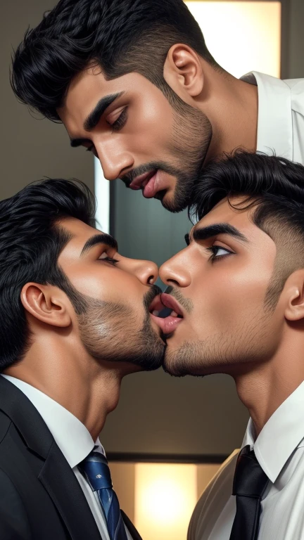 Pehlwan man Indian Gurjar gay couple wetty mouth to mouth tounge to tounge kissing and sucking lower lip, bitting lower lip during kissing saliva dripping from mouth with big shinning eyes big lips wide jawline beautiful hunk face spiky black hairstyle, seductive kissing in office