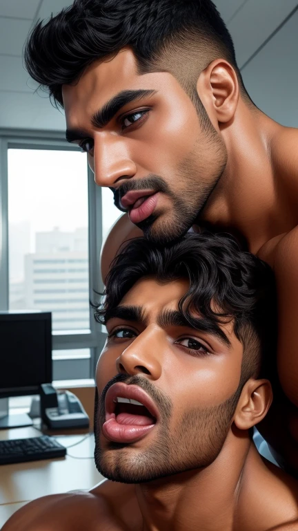 Pehlwan man Indian Gurjar gay couple wetty mouth to mouth tounge to tounge kissing and sucking lower lip, bitting lower lip during kissing saliva dripping from mouth with big shinning eyes big lips wide jawline beautiful hunk face spiky black hairstyle, seductive kissing in office 