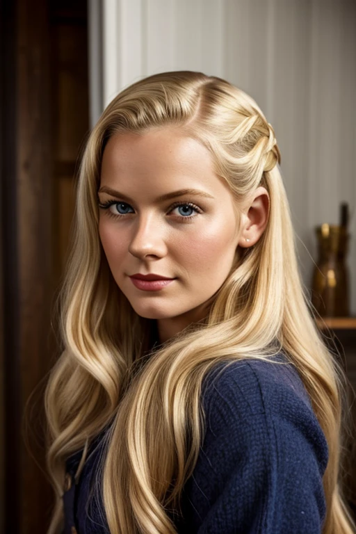 Medium view, of young aged, 30 year old, face portrait, Scandinavian features,long hair, blond hair, 1940s hair style, 1940s clothing, in cozy fjord home 1936, sweaty