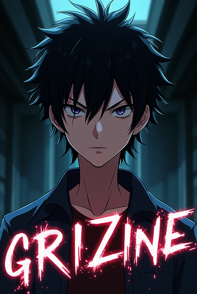 A dark boy anime with attitude with text broken in bottom with lights color