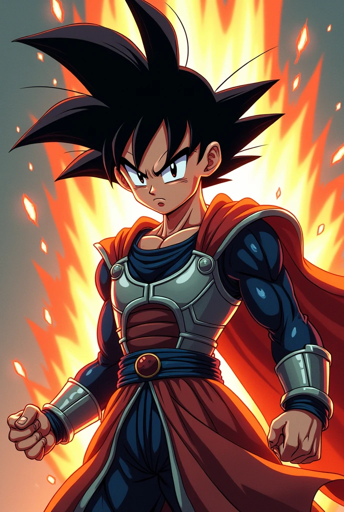 Create an image of a young, fierce warrior depicted in dragon ball z anime style. The warrior should have a determined expression, with sharp, intense eyes and a strong, confident pose. Outfit the warrior in detailed, traditional armor, including a flowing cape and ornate, battle-worn details. The color palette should feature bold, vibrant colors with high contrast, and the background can include dramatic action lines or effects to emphasize the warrior's energy and strength.