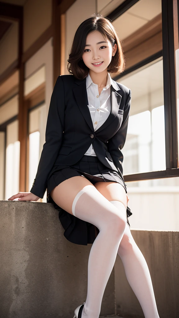 Pure young Japanese girl, natural body, beautiful legs, sitting, formal makeup, natural hair style, sexual attractive, shiny white skin, wearing formal jacket and blouse and long skirt, shiny white tights, high heels, sweet smile, sweet temptation, soft sunlight, professional pin-up portrait photography,