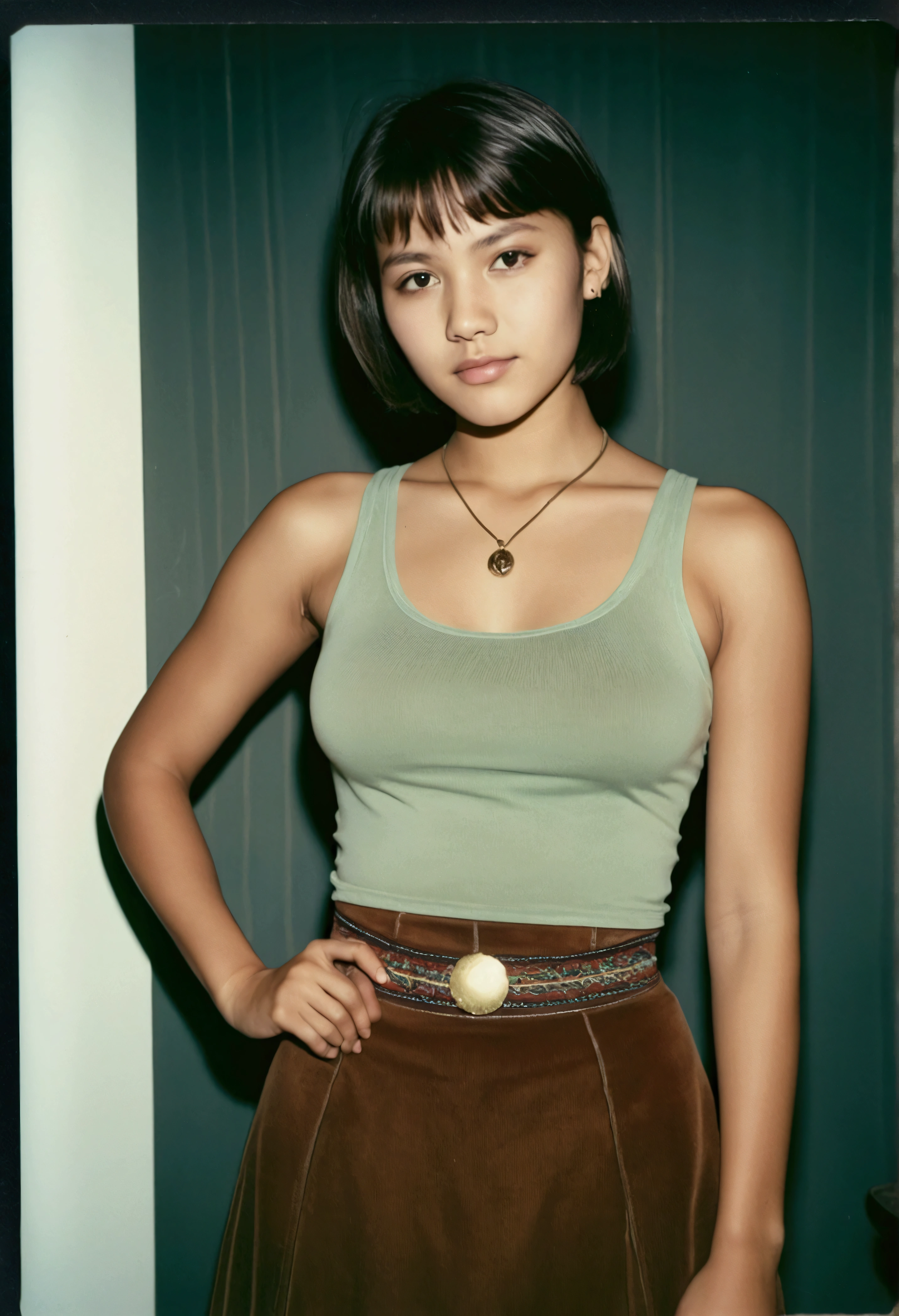 analog film photograph, Polaroid of a modern Sioux woman, 18-years-old, long, amazonian stature, athletic hourglass figure, busty breasts, narrow waist, full wide hips, big round buttocks, wearing tank top and a corduroy skirt, tan complexion, amber eyes, dark hair, short pixie cut, posing on a pedestal, RAW Photograph, dslr, soft lighting, high quality, film grain, Fujifilm XT3, detailed skin with visible pores, insane details, masterpiece, 8k, 35mm photograph, dslr, kodachrome, faded film, desaturated, grainy, vintage, Lomography, stained, highly detailed, found footage