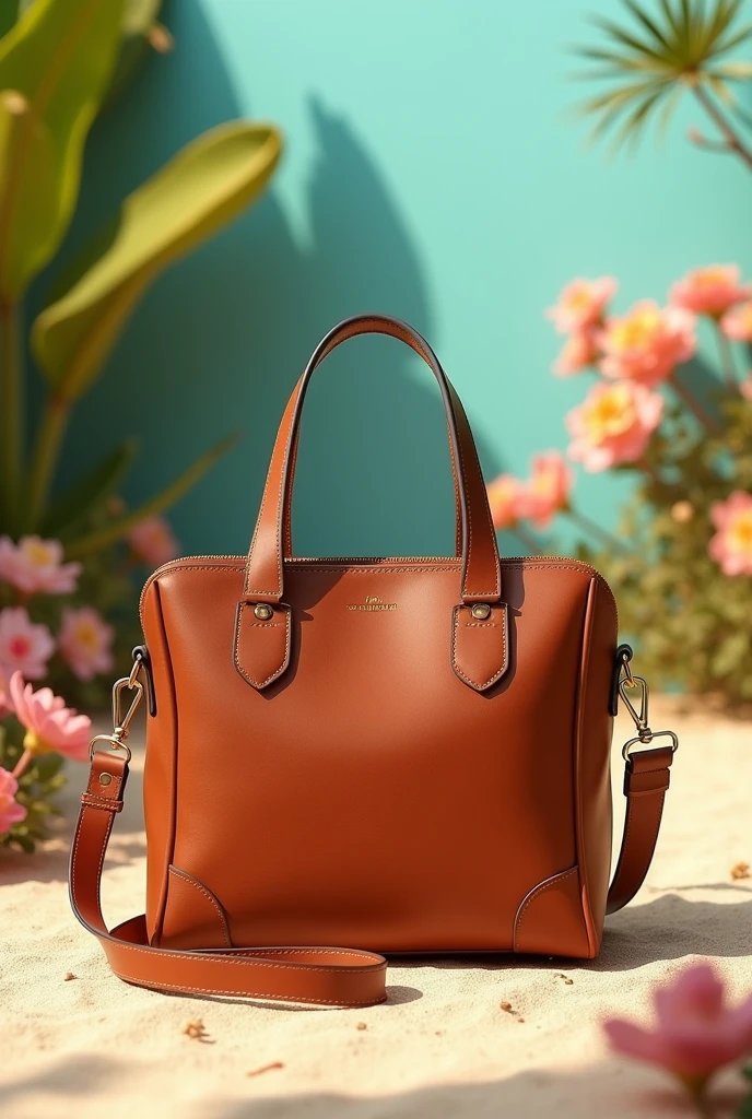 An image of a sustainable and durable leather bag for a spring summer collection. It could be a brown bag, but the image should contain something very summery. It is for advertising on social media., so there may be creative elements as well. I loved the image, can include the logo of the brand that calls "Santo Loisio"?

