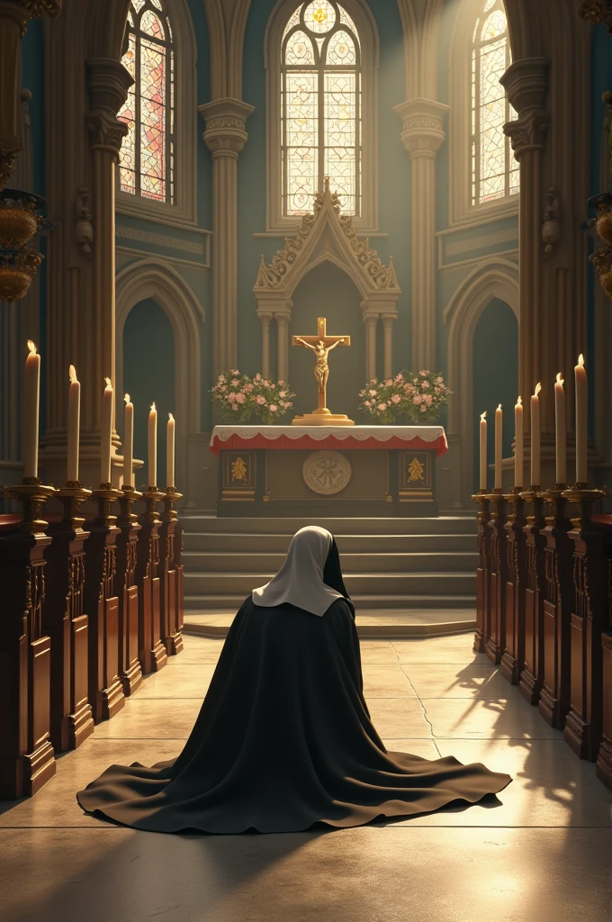 A catholic nun lay on the church floor in worship infront of the holy eucharist 