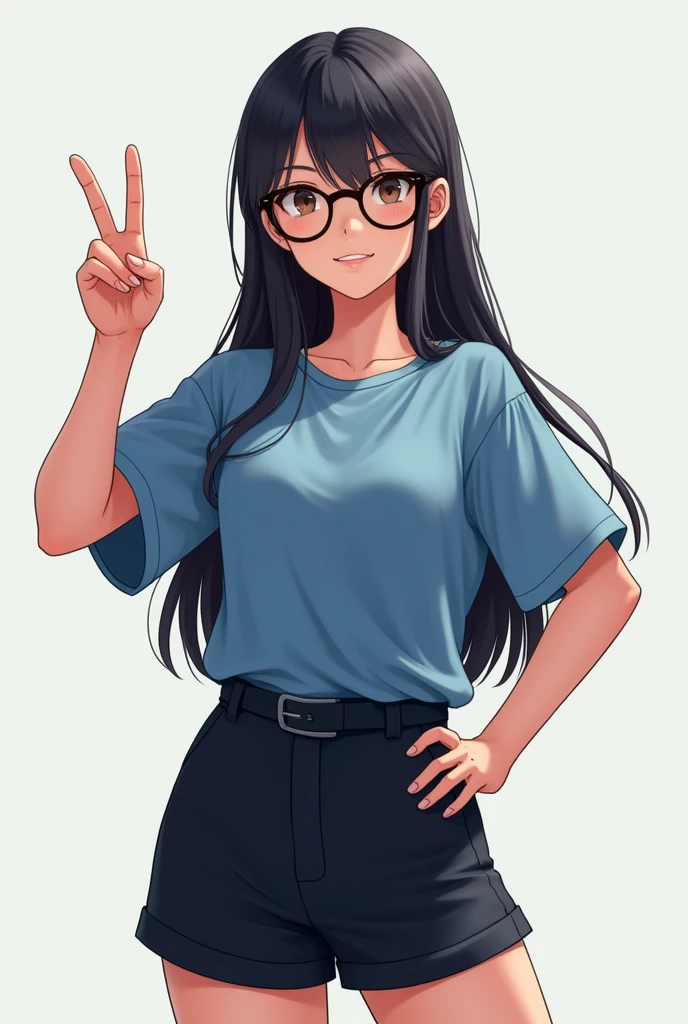 Raise a girl, with glasses and black hair, with a blue blouse and black short shorts, making sign of 2