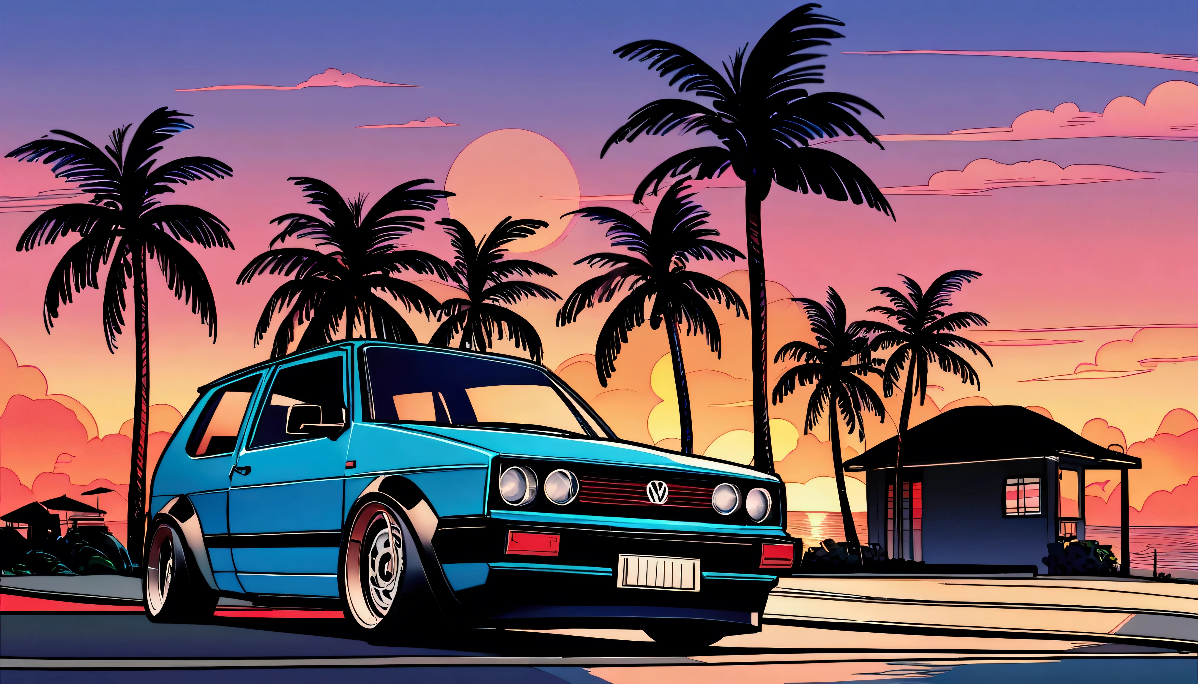 ((TShirt Design)), 1983 Volkswagen Golf GTI, Sunset background, Palm tree, Layers with 5 colors, Corner of the street, Berek's drum, Plethean,
