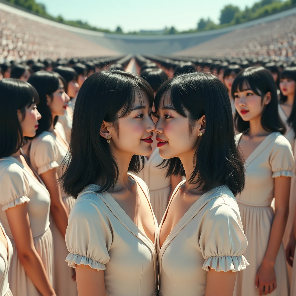 (((((Japanese Clone girls=Myself)))))), (((Best Super High quality Myself Clone girls Raw Photography Art))), (16K, Highest quality, Ultra-high resolution, RAW Photos), (((It's so unrealistic., With unparalleled depiction, With an unfathomable sight, An unprecedented and shocking worldview, Clone girls in a world of mass reproduction, Ultra-realistic))), (((Japanese, woman, 20yo, Saito-Asuka))), (Small face, ((Thick black hair, Semi-long hair))), ((V-neck short-sleeve dress)), (((((Very detailed美しい女体, Accurate body structure, Very detailed完璧な, Super busty body with very large breasts, Clearly emphasizes cleavage))))), (((Dark Eyes, Mature face, Cute Smile, A gentle gaze))), (((Her happy and smiling expression is so cute))), ((((((((Very detailed分身増殖描写, ((1girl→Myself cloning→1,000,000,000,000,000,000,000,000,000,000,000,000,000,000,000,000,000,000,000,000Myself Clone girls)))))))))), ((((((((Very detailed, The precise depiction of the proliferation of Myself Clone girls, ((With the perfectly identical bodies of Myself clone girls, With the exact same face as the Myself clone girls, With the exact same hairstyle as the Myself clone girls, In the exact same clothes as the girls who are my clones, Perfectly the same height as the Myself clone girls, Super big breasts, just like the Myself clone girls)))))))))), (((Myself clone girls only))), (((Multiple pairs, Very detailed depiction, (Myself clone girls hug each other, Myself clone girls assemble, Fun conversations with fellow Myself clone girls, A fun conversation between Myself clone girls, Myself clone girls holding hands, Walking with lots of Myself clone girls, turn around, look at me, The approaching crowd of Myself)))), (((Everyone looks at the camera))), (((Unbelievably crowded, Transcendent Myself clone girls intimately, Countless Myself clone girls surround you in 360 degrees))), (Bright, soft sunlight), (((Very wide field of view, Very detailed, Detailed ultra-perspective depiction with clear depth, super wide view))), (((((Scenery with a steeply curving slope))))), (((Very photographic and detailed depiction, Myself clone girls will multiply infinitely and fill the surroundings from one side to the horizon with their bodies tightly packed together without any gaps., A scene of endless Myself clone girls and a fun atmosphere))), (Focus on the average value of the image)