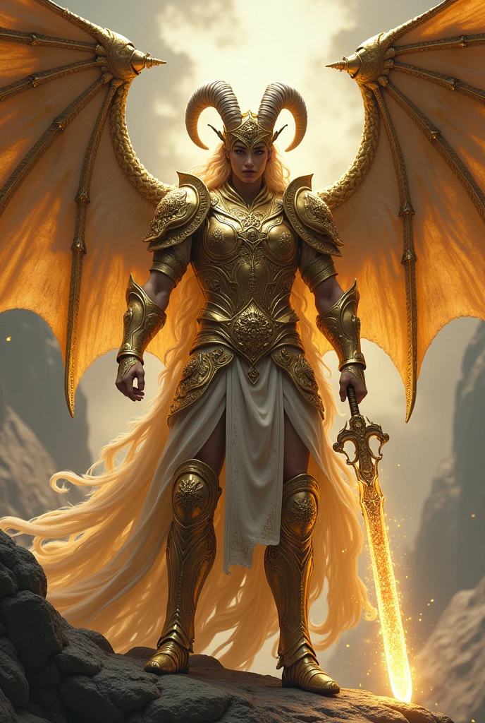 Make an image of a human with golden Capricorn armor,with the scalibur with the blessing of Athena and with dragon wings