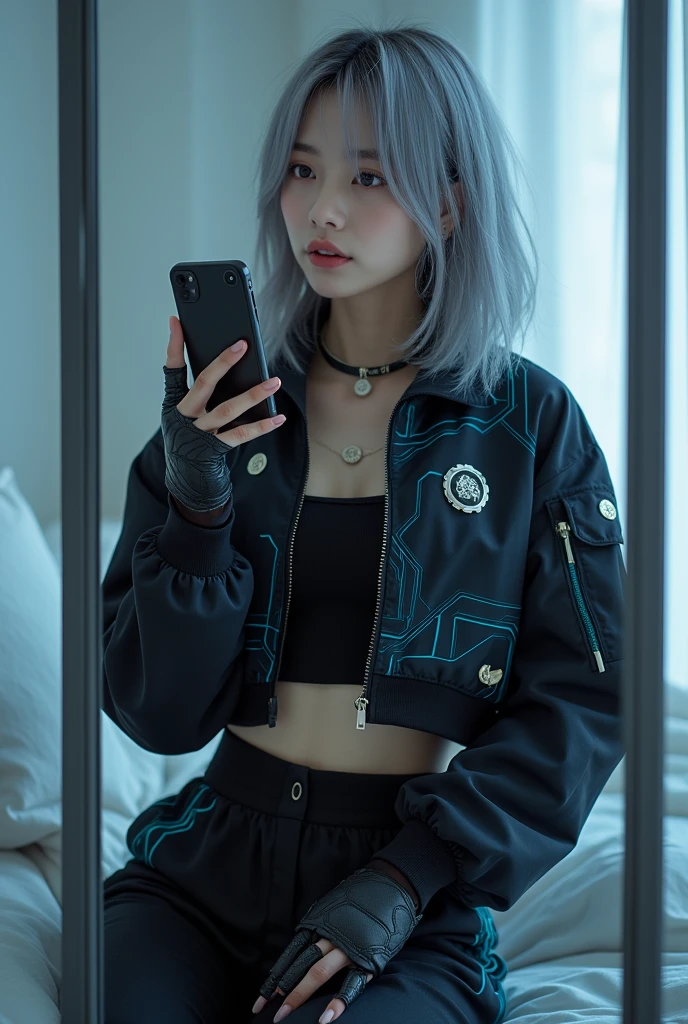 highly detailed, beautiful, hyper Realistic girl, masterpiece, best quality, Depict a mysterious and sophisticated beautiful Japanese gravure model,, 28-years-old, identity hidden, all body shot, / gray arranged hair, small head, Detailed face, cute and Pretty slim face, wide Duck mouth, perfect beautiful Tooth, arranged gray hair, shiny eyes, blue-colored eyes, Realistic skin, Detailed face, / Here’s a chic and futuristic costume design based on a cyberpunk jogger theme:
Top: A black cropped jacket with luminescent blue circuitry patterns and silver badges, blending cyberpunk and authority. The jacket features a high collar and zippered front for a sleek look.
Bottoms: Slim, high-waisted joggers with metallic silver accents, holographic side stripes, and functional cargo pockets, offering both style and utility.
Footwear: Black, sleek combat boots with neon blue soles and reinforced ankles, ensuring both durability and a cutting-edge appearance.
Accessories: A minimalistic belt with gold buckles, matching gold earrings, and LED-enhanced gloves, all exuding a powerful and authoritative presence. //// simple white single room, gray frame mirror, complicated background /// takes a selfie in her room using a smartphone in front of a mirror with one hand, sitting and fashion model Posing, all body below shot, looking away from the camera,