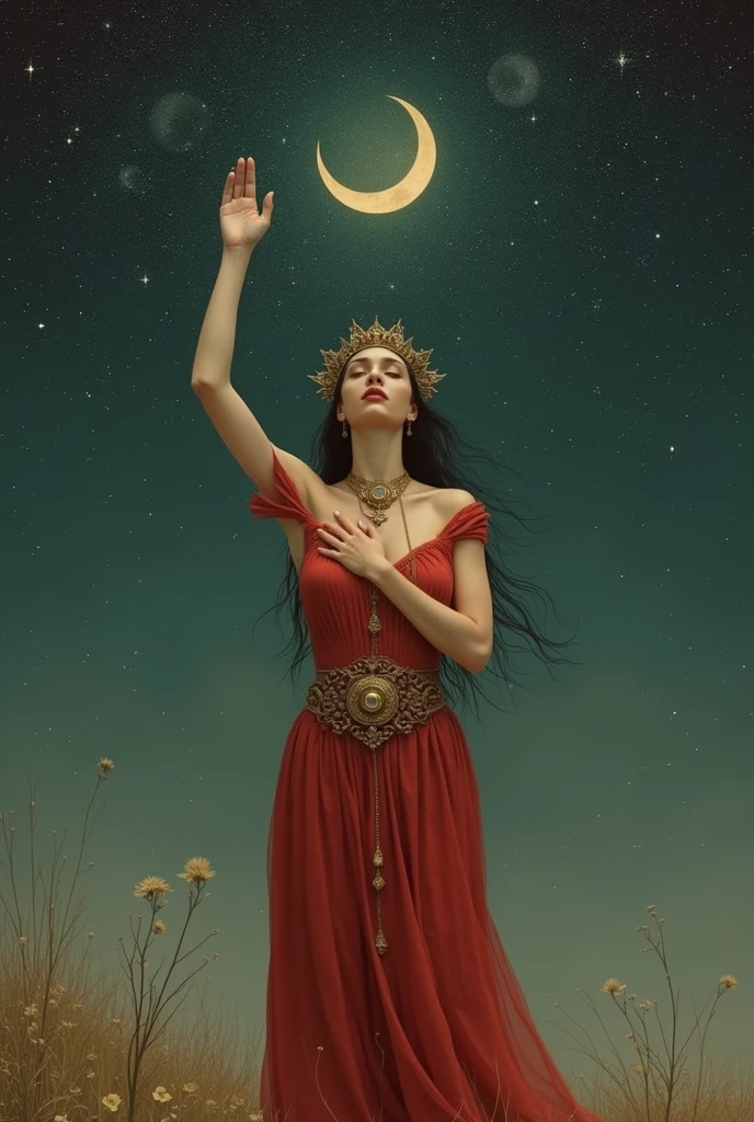 Lojra woman holding her chest with her left hand and one hand to the sky and a moon with the starry sky, delicate red dress with an antique belt and a crown on her head