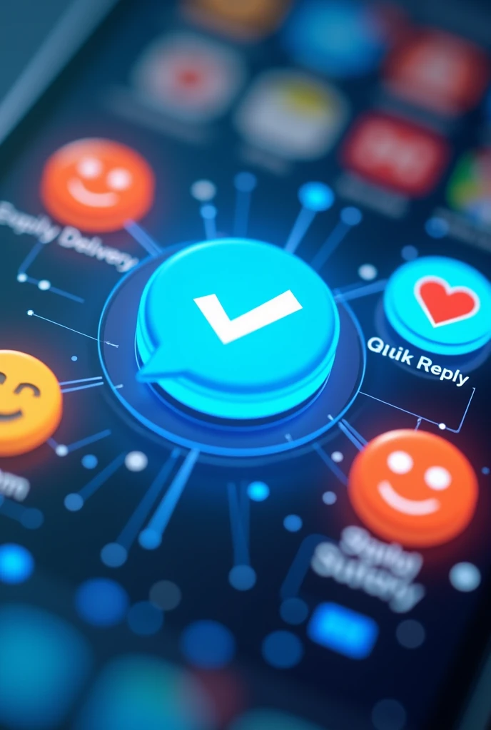 Create an image showing digital signal icons like a double blue check on WhatsApp, Quick replies in messages, and emojis of hearts or smiles. Make visual elements stand out so signals are clear.
Show only one device&#39;s screen 