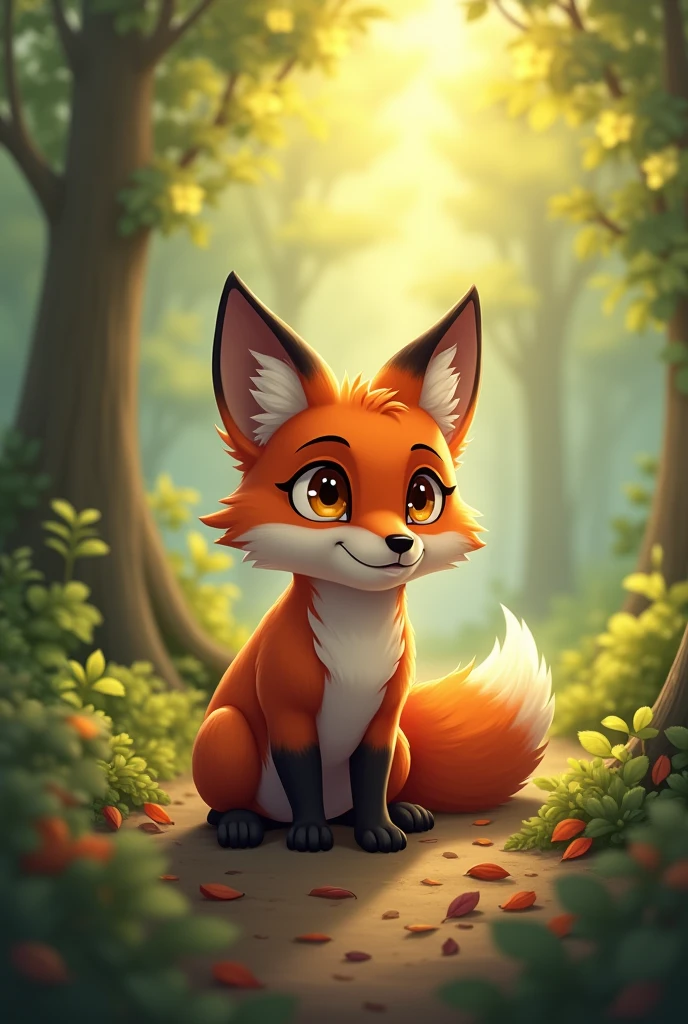 A brown fox getting ready to hunt,Preparing for hunting,Background morning forest,Cute realistic style