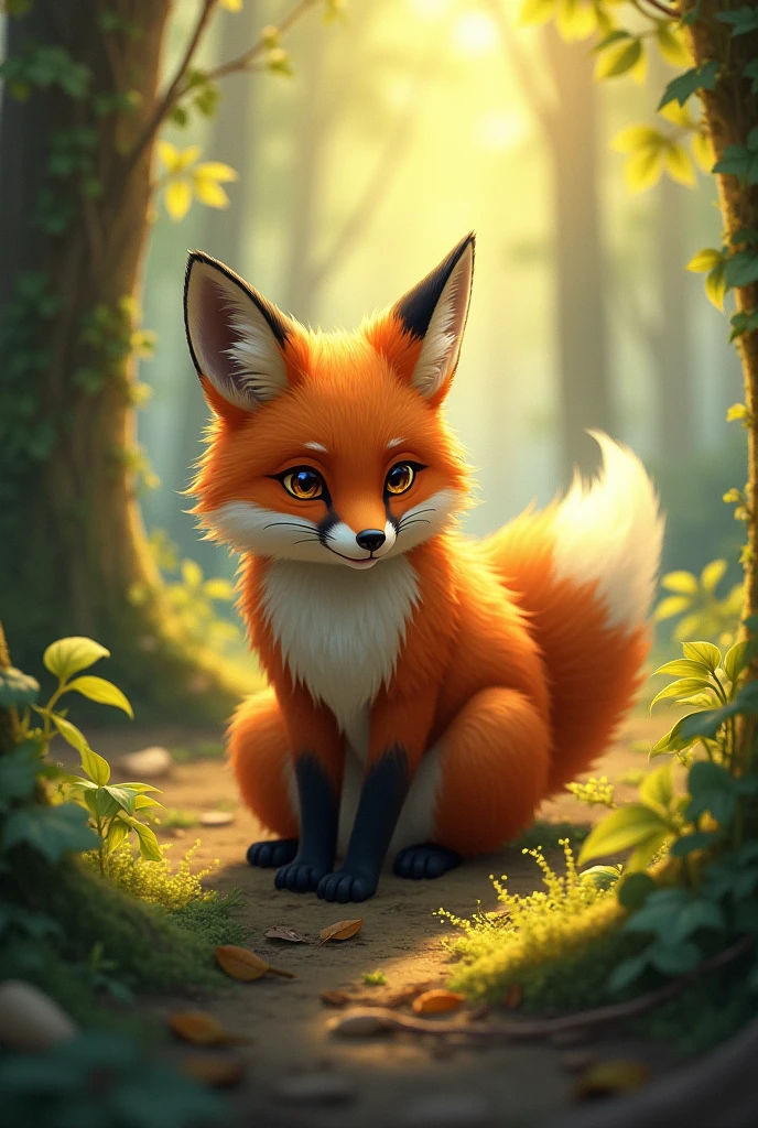 A brown fox getting ready to hunt,Preparing for hunting,Background morning forest,Cute realistic style