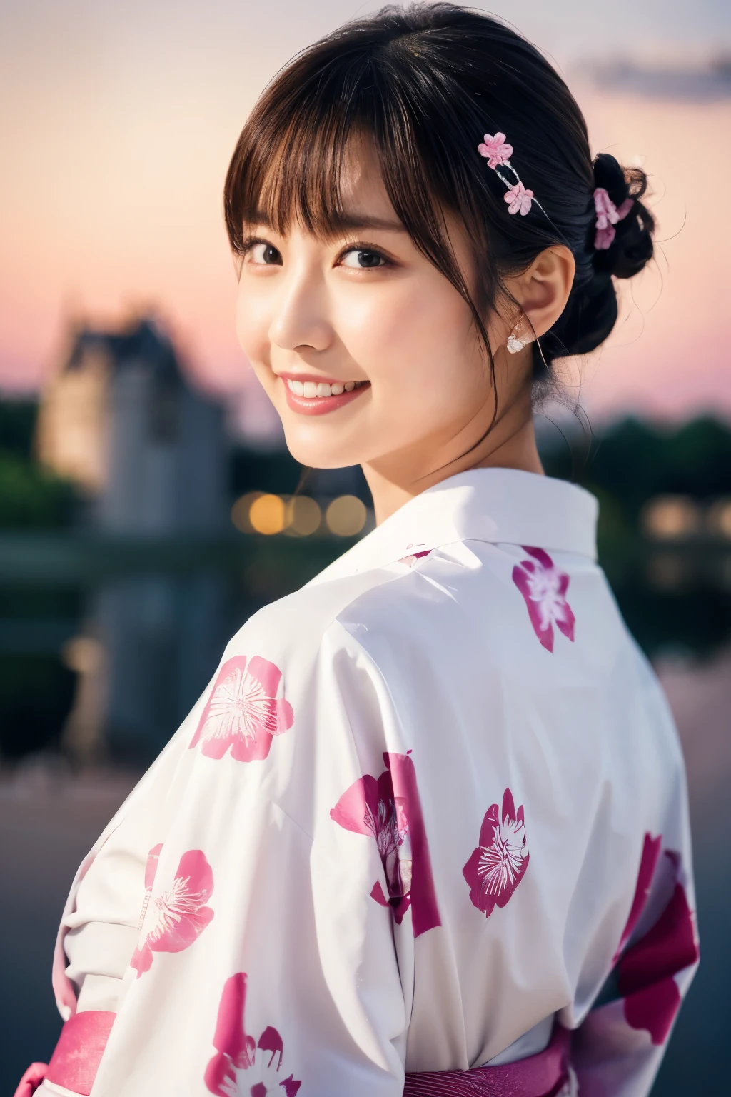 1 person, (Wearing a cute pink yukata.:1.2), Very beautiful Japanese idol portraits, (Young Face),
(RAW Photos, Highest quality), (Realistic, Realistic:1.4), (masterpiece), 
Very delicate and beautiful, Very detailed, 2k wallpaper, wonderful, finely, Very detailed CG Unity 8k 壁紙, Very detailed, High resolution, Soft Light, 
Beautiful details, Very detailed目と顔, Beautiful and sophisticated nose, Beautiful and beautiful eyes, Cinema Lighting, 
(Commemorative photo at the Loire Castle:1.3), 
(Japanese hairstyle), (Tie your hair at the back:1.3), (bangs), (hairpin), 
Complete Anatomy, Slender body, Small breasts, smile