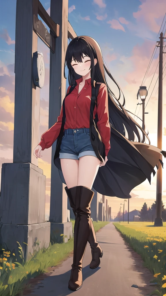 Young woman, high, god, black hair, close eyes, smile, solo, One, costs, field, sunset, checkered shirt, Red shirt, pants, red knee-high boots, looking at the viewer, 8k, red boots, tapes, lamppost, super rear view, ultra quality, home, jewelry, leather boots, knee-high boots, slender girl, wink, a beautiful shot, cowboy shot, walking, 