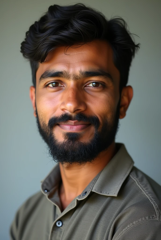 A 30-year-old Sri Lankan teacher with short hair and a short beard