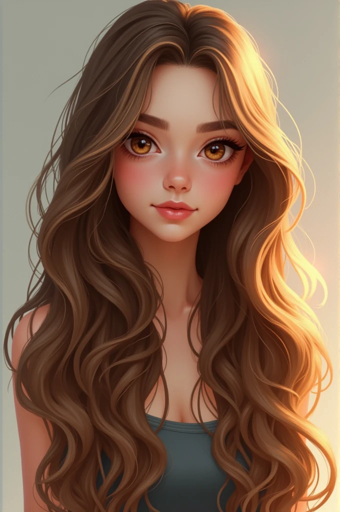 Make a girl with long light brown hair with golden highlights, thin face but a little chubby, small nose, medium lips, light brown eyes and straight hair