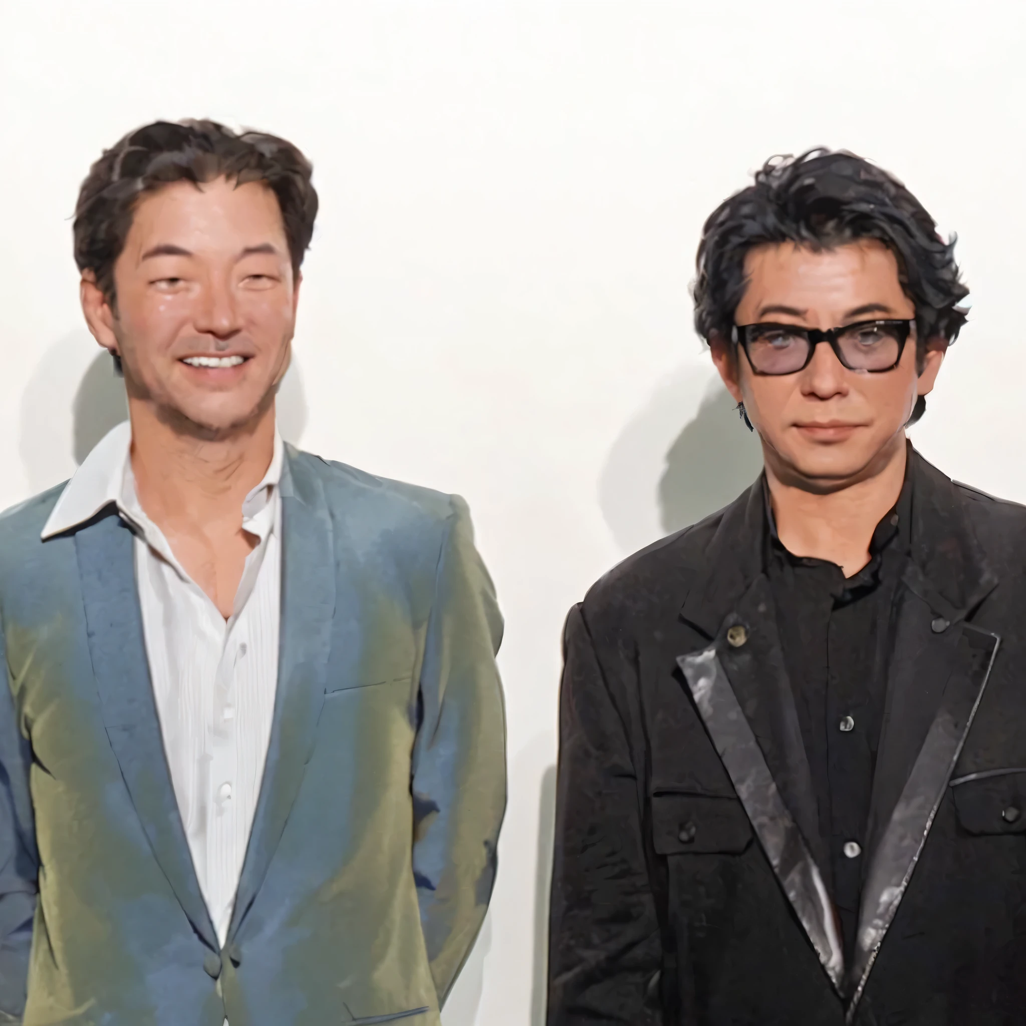 最high quality、masterpiece、High resolution、A kind smile、Two Men、Real、Shadow Studio、Rim Light、Dual Tone Lighting、（High resolutionスキン：1.2）、8K  UHD、Digital SLR、Soft Light、high quality、Volumetric Light、Sneak Shot、photograph、High resolution、4K、8k、Background Blur、