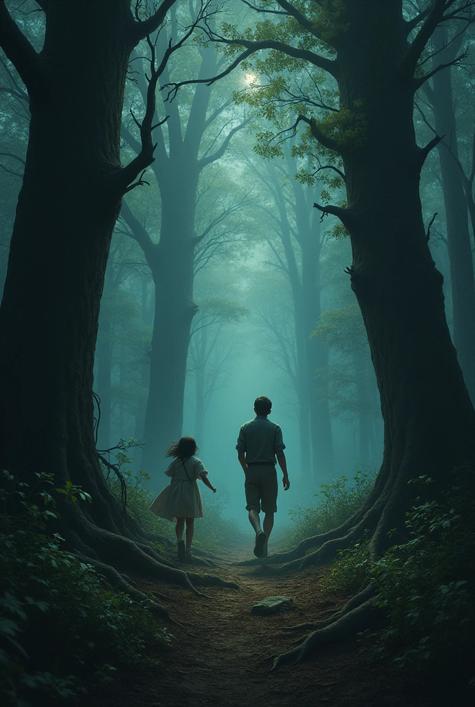 dark forest #girl running and older boy next to the girl