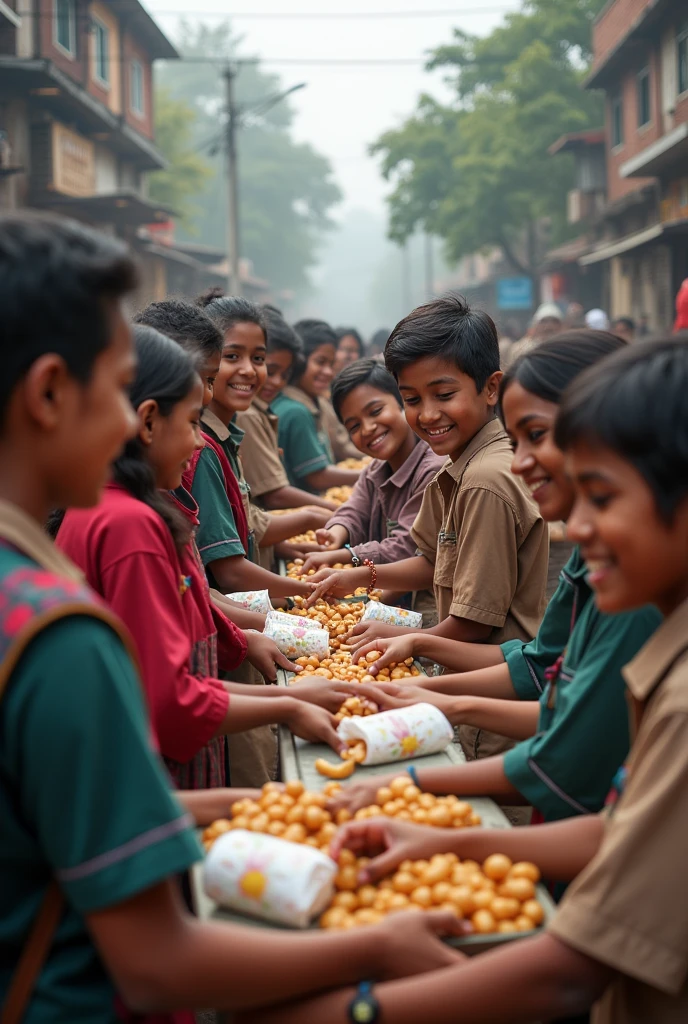 Bangladeshi students are help poor people in floody city. Like food. And children are happy to see this
