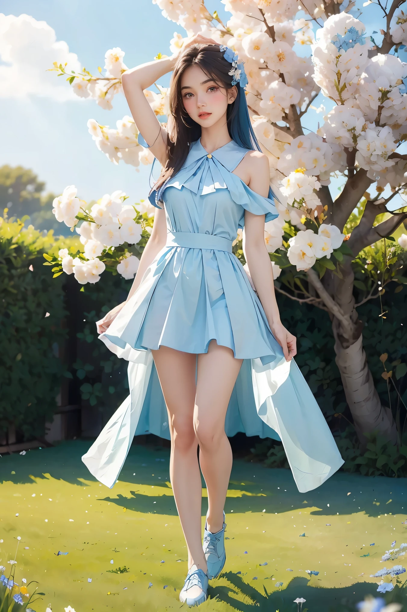 (nonsense, height, very detailed, UHD, cinema), alone, 1 girl, mature, be happy, girl standing in light blue flower field, light blue flower petal surrounding girl, full body, Blue long haired girl, light blue hair, Fantasy, dreamlike, snowy, official art, Pop art, Brief history, very detailed face, very detailed eyes, light blue flower field, very detailed field, white blue sky, cool, light blue, white,  nebula in the sky, Blue Tree, watercolor, pastel colors