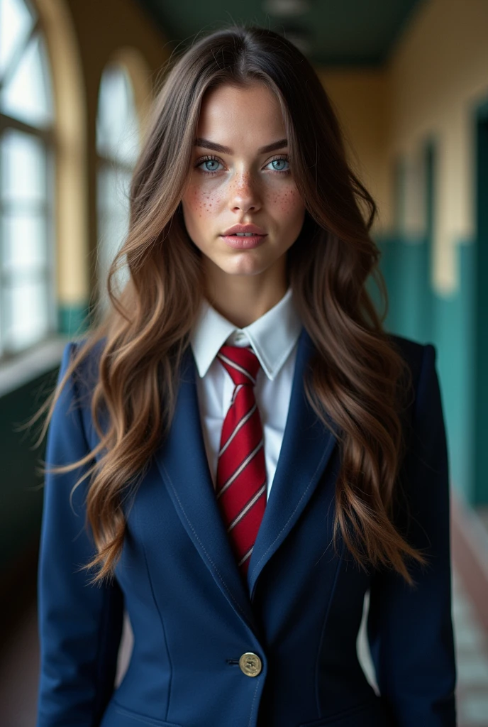 Image, a woman with long brown hair, very blue eyes, linda, super feminine, with freckles, dressed in a blue and red tie uniform, Blue blazer, blue skirt, in the middle of school