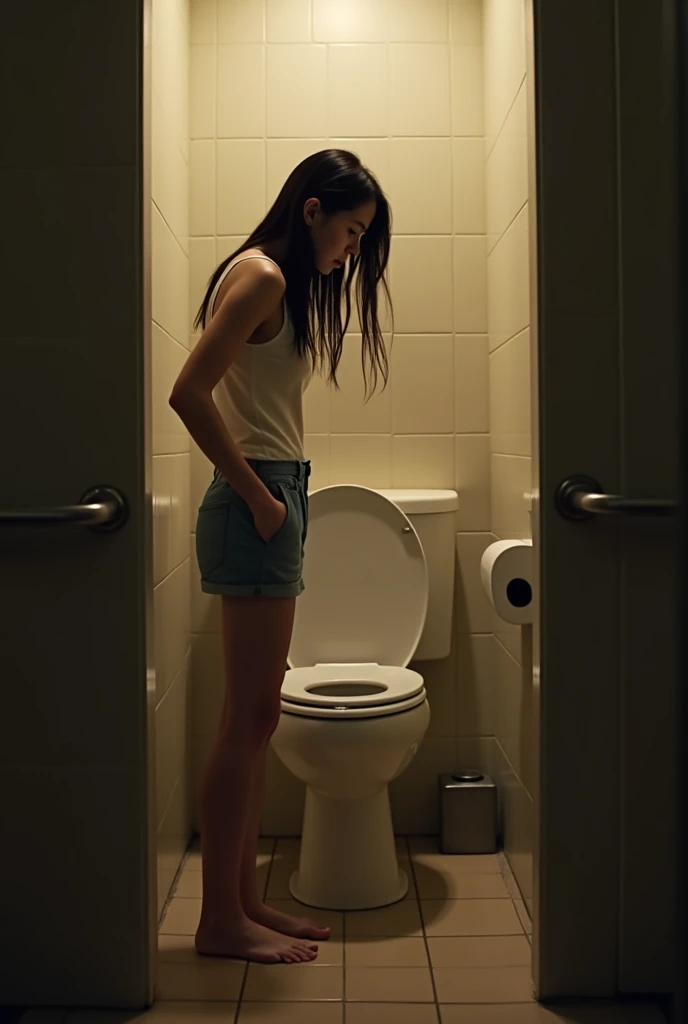 A woman peeing in washroom