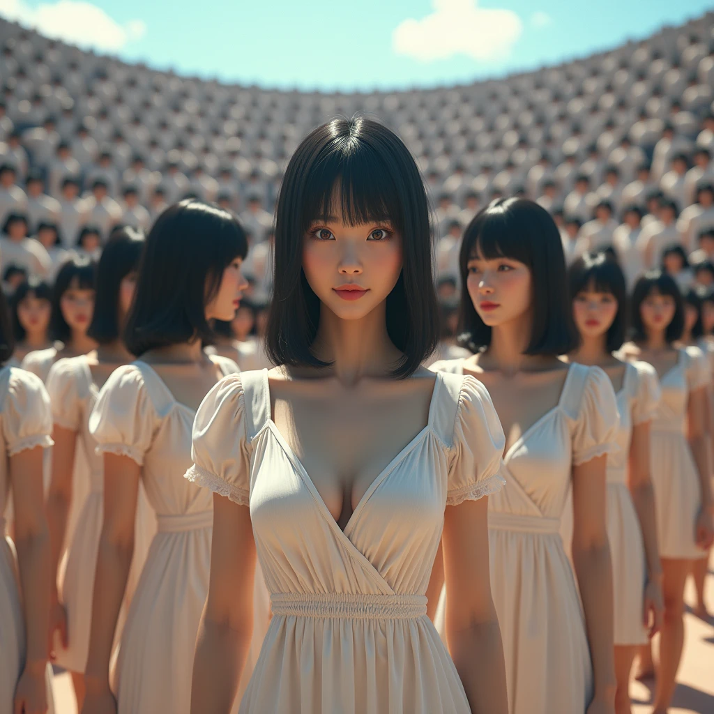 (((((Japanese Clone girls=Myself)))))), (((Best Super High quality Myself Clone girls Raw Photography Art))), (16K, Highest quality, Ultra-high resolution, RAW Photos), (((It's so unrealistic., With unparalleled depiction, With an unfathomable sight, An unprecedented and shocking worldview, Clone girls in a world of mass reproduction, Ultra-realistic))), (((Japanese, woman, 20yo, Saito-Asuka))), (Small face, ((Thick black hair, Semi-long hair))), ((V-neck short-sleeve dress)), (((((Very detailed美しい女体, Accurate body structure, Very detailed完璧な, Super busty body with very large breasts, Clearly emphasizes cleavage))))), (((Dark Eyes, Mature face, Cute Smile, A gentle gaze))), (((Her happy and smiling expression is so cute))), ((((((((Very detailed分身増殖描写, ((1girl→Myself cloning→1,000,000,000,000,000,000,000,000,000,000,000,000,000,000,000,000,000,000,000,000Myself Clone girls)))))))))), ((((((((Very detailed, The precise depiction of the proliferation of Myself Clone girls, ((With the perfectly identical bodies of Myself clone girls, With the exact same face as the Myself clone girls, With the exact same hairstyle as the Myself clone girls, In the exact same clothes as the girls who are my clones, Perfectly the same height as the Myself clone girls, Super big breasts, just like the Myself clone girls)))))))))), (((Myself clone girls only))), (((Multiple pairs, Very detailed depiction, (Myself clone girls hug each other, Myself clone girls assemble, Fun conversations with fellow Myself clone girls, A fun conversation between Myself clone girls, Myself clone girls holding hands, Walking with lots of Myself clone girls, turn around, look at me, The approaching crowd of Myself)))), (((Everyone looks at the camera))), (((Unbelievably crowded, Transcendent Myself clone girls intimately, Countless Myself clone girls surround you in 360 degrees))), (Bright, soft sunlight), (((Very wide field of view, Very detailed, Detailed ultra-perspective depiction with clear depth, super wide view))), (((((Scenery with a steeply curving slope))))), (((Very photographic and detailed depiction, Myself clone girls will multiply infinitely and fill the surroundings from one side to the horizon with their bodies tightly packed together without any gaps., A scene of endless Myself clone girls and a fun atmosphere))), (Focus on the average value of the image)