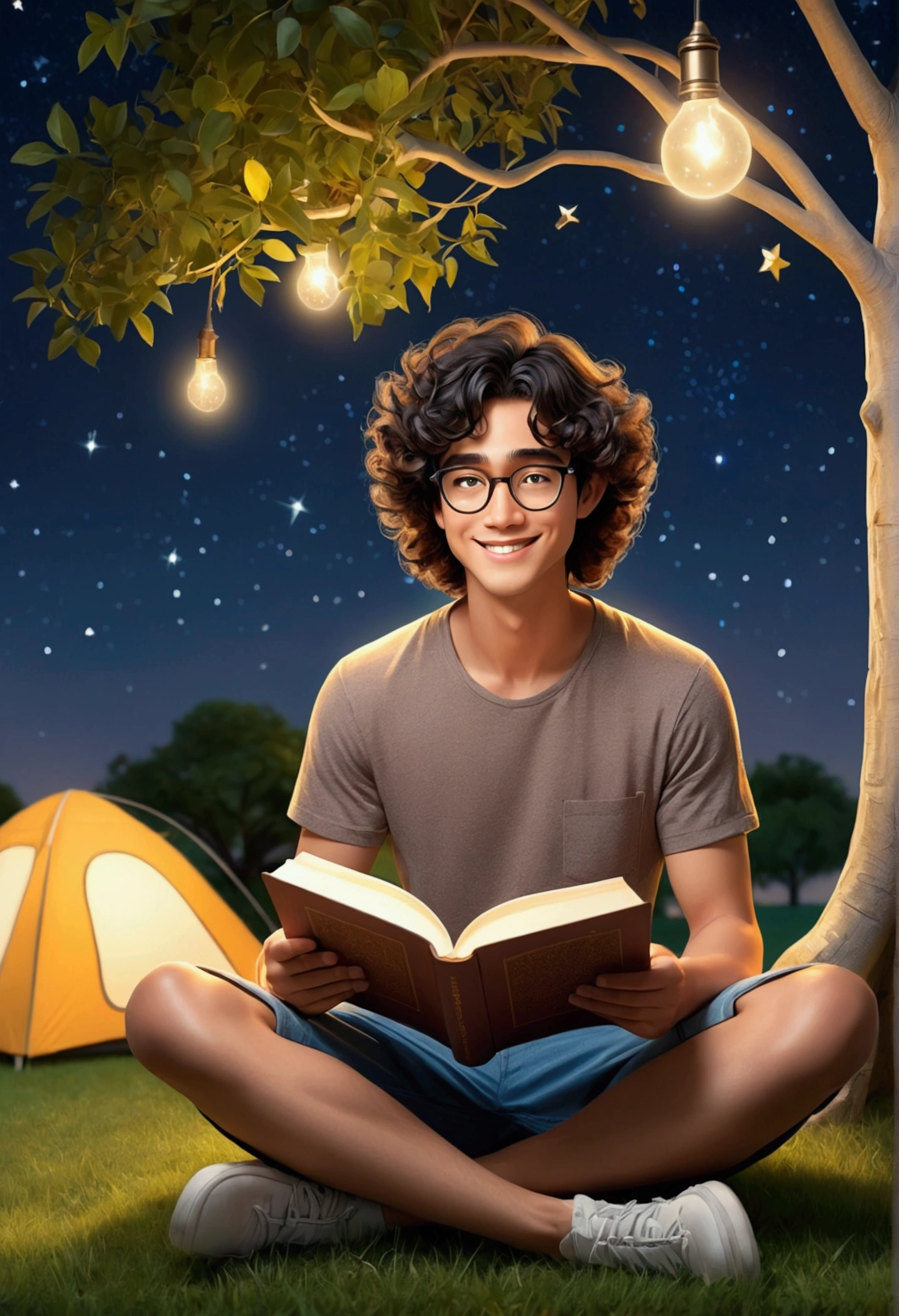 Young man sits on the grass reading a book, long curly black hair, wearing glasses, delicate smile, shiny brown eyes, Looking at the sky, lamp light, all-body, under a huge tree, more distant view, A tent in the background, starry sky, illuminated night, photo effect, 8k, super verbose, hyperrealisti, smiling at someone, summer clothes, t-shirt and shorts.