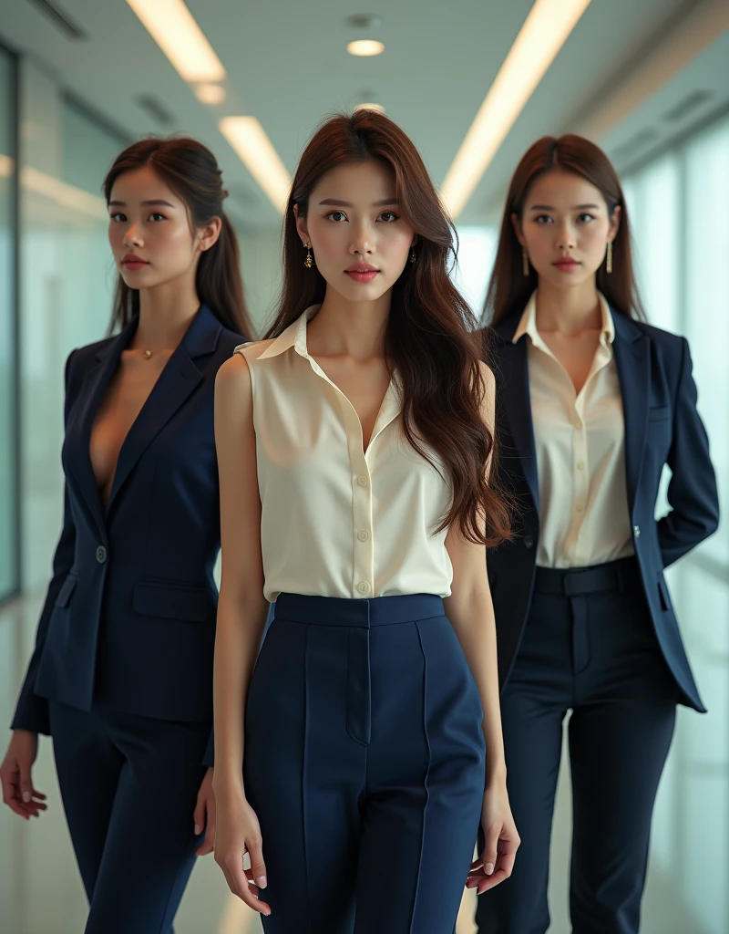 1 girl, Two Korean women, Very sexy, Sensual look, perfectly toned body, View your viewers, Pale skin, blue eyes, With long bangs、Long, flowing brown ponytail, ((Sophisticated, Navy tailored pantsuit with fitted blazer, High waist pants, and、Soft cream silk blouse)), mascara, eye shadow, Beautiful Face, Intricate details, Random standing poses, Ray Light, CEO's Office, Clean and detailed CEO office for background, (masterpiece, 16K, Ultra high definition, Absurd, A seductive smile, Highest quality, Accurate, RAW Photos, Textured skin), Wide-angle, (Professional photo by Toru Muranishi: 1.5)
(masterpiece, Highest quality), One person, Short black hair, 2, Sitting at a desk, Working with a laptop, Professional attire, Focused Expression, Indoor office environment
