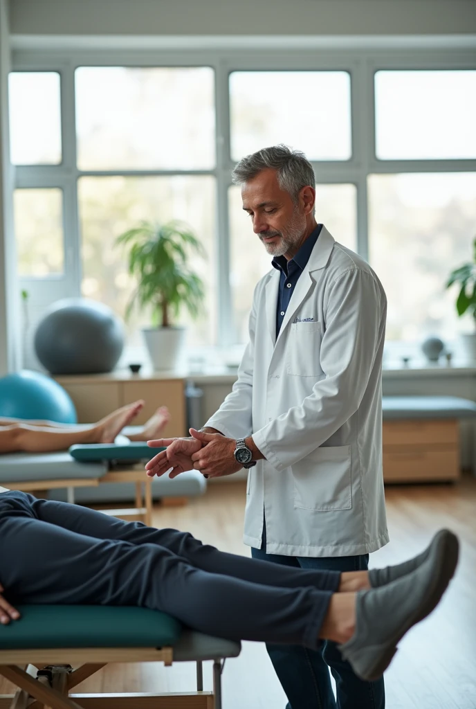  Male physiotherapist with Latino features performing physical rehabilitation with physical exercises in the physiotherapy room 