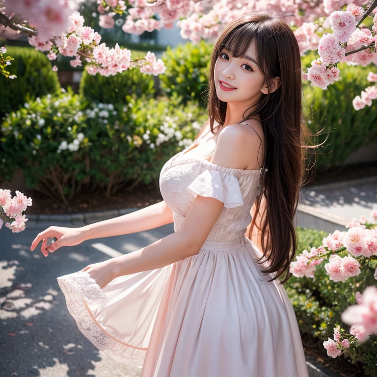 laughing out loud,Dress conservatively,2,cute,穿cute連衣裙,girl next door,outdoor,(knee shot), 1 woman, On the face, light brown hair, blunt bangs, hair behind ears, Hair over the shoulders, long hair, Slender body type, Super thin face, face slimming, delicate lips, beautiful eyes, Thin blush, Eyes are light brown,Check it out here, (realistic:1.3), On Sakura Avenue, One person's perspective, 8k, Super detailed, high quality, best quality, High resolution,(masterpiece))、(top quality)、8k、high detail、Super detailed,Seductive and whimsical style、masterpiece、born、Scenes resembling fairy tale illustrations、Intricate details and complex designs、Beautifully、magic、capricious、 Beautifully、Dream aesthetics、「𝓡𝓸𝓶𝓪𝓷𝓽𝓲𝓬、ethereal、charming、fickle、magic」、Realism、Visual effects、FXAA、SSAO、Shaders、voiceless、ambient lighting、Tone mapping、High resolution、Ultra high quality、Million pixels、(8k resolution:1.10)、8k、Below 8K、8k resolution、high detail、intricate details, (high quality:1.2、masterpiece:1.2、:1.21)、(female:1.21)、(Smile excitedly)、(full-body shot,Normal 2 feet,Put your hands behind you,Full breasts