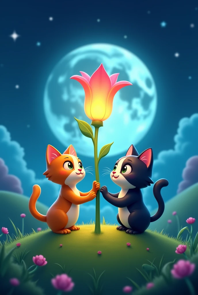 • Mango Cat and Motu Finding the Special Flower: "Mango Cat and Motu finding a rare, glowing flower at the top of a hill. The flower is vibrant and sparkling, standing out in the moonlit night with stars twinkling in the sky."
3D cartoon  style 