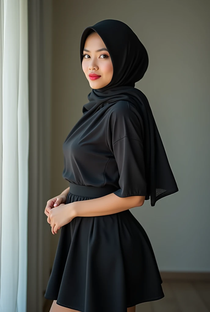 Malaysia,Muslim women,scarf,Black skirt,Ultra-high-definition images,chest,Upper body down,reality,Unbutton,Cleavage,Reality,Standing,Good shape,Short-sleeved clothes,Sexy,Thin hijab,Long legs,,Positive direction,Facing the camera,Cleavage,chest部,underwear,Short skirt,make up