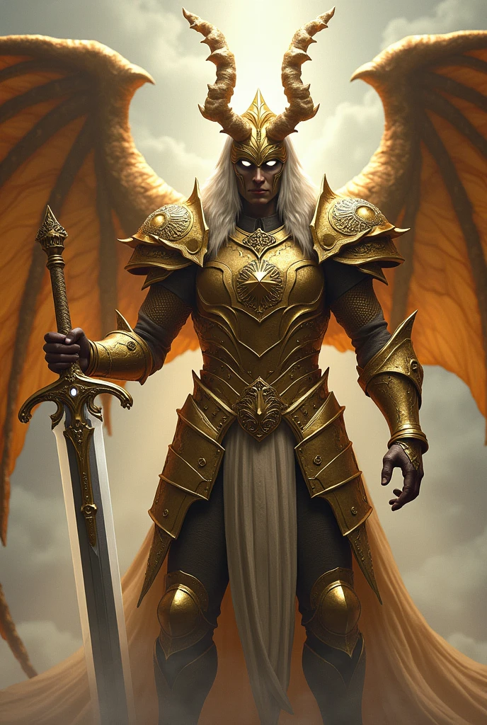Make an image of a human with golden Capricorn armor,with the scalibur with the blessing of Athena and with dragon wings