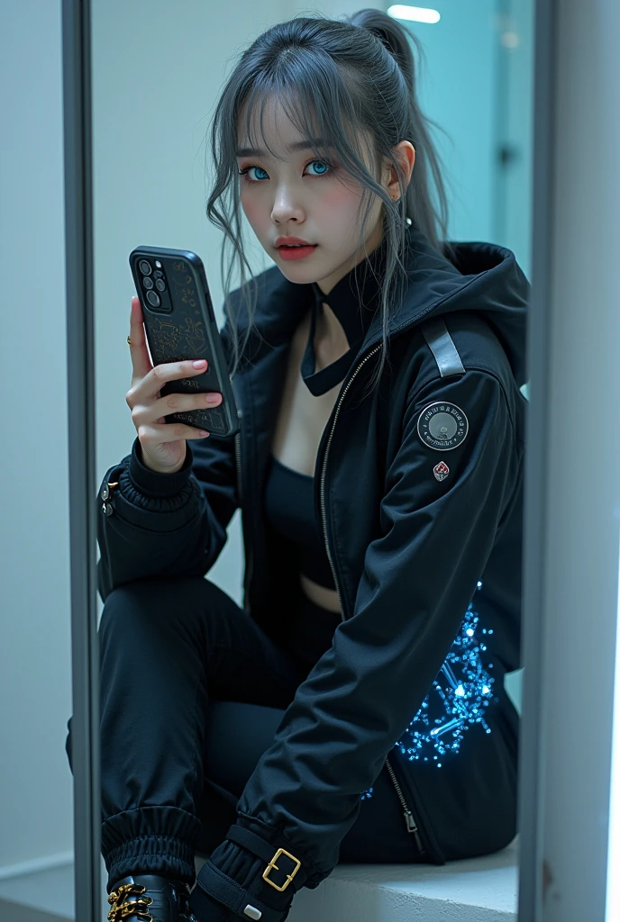 highly detailed, beautiful, hyper Realistic girl, masterpiece, best quality, Depict a mysterious and sophisticated beautiful Japanese gravure model,, 28-years-old, identity hidden, all body shot, / gray arranged hair, small head, Detailed face, cute and Pretty slim face, wide Duck mouth, perfect beautiful Tooth, arranged gray hair, shiny eyes, blue-colored eyes, Realistic skin, Detailed face, / Here’s a chic and futuristic costume design based on a cyberpunk jogger theme:
Top: A black cropped jacket with luminescent blue circuitry patterns and silver badges, blending cyberpunk and authority. The jacket features a high collar and zippered front for a sleek look.
Bottoms: Slim, high-waisted joggers with metallic silver accents, holographic side stripes, and functional cargo pockets, offering both style and utility.
Footwear: Black, sleek combat boots with neon blue soles and reinforced ankles, ensuring both durability and a cutting-edge appearance.
Accessories: A minimalistic belt with gold buckles, matching gold earrings, and LED-enhanced gloves, all exuding a powerful and authoritative presence. //// simple white single room, gray frame mirror, complicated background /// takes a selfie in her room using a smartphone in front of a mirror with one hand, sitting and fashion model Posing, all body below shot, looking away from the camera,