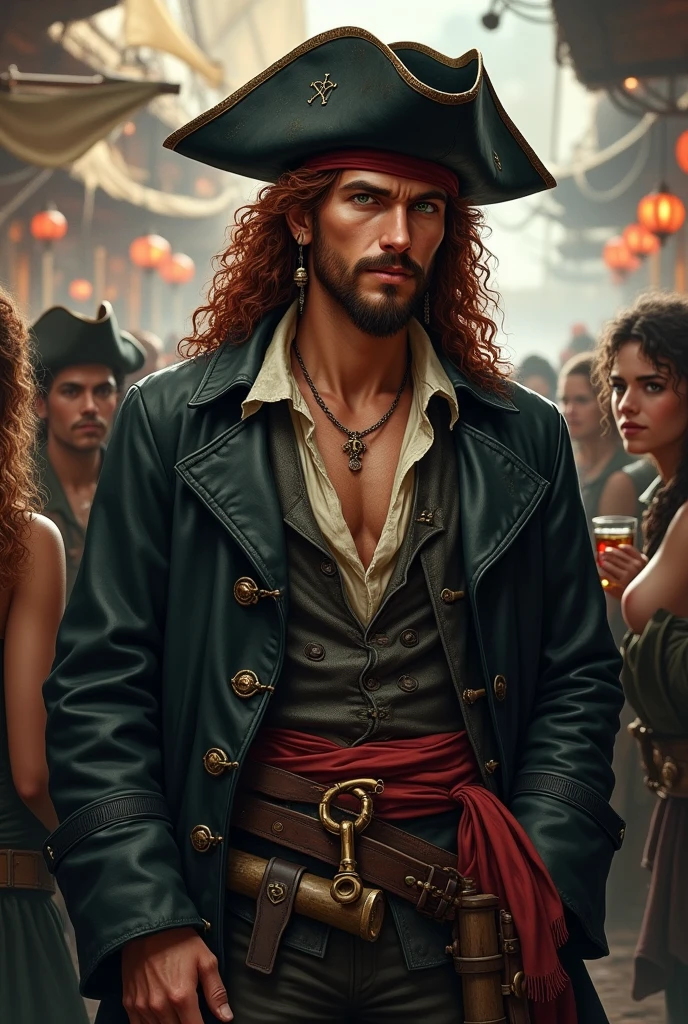 ((best quality)), ((masterpiece)), (detailed), A young pirate, full body DnD style. A young pirate in his thirties, with long, curly dark red hair, a light beard, and dark green eyes. He wears a black leather pirate trench coat with a light unbuttoned shirt and a damaged vest., on his head an old damaged black hat. Around his waist he wears a sash with a belt and two swords on top.. He is having fun drinking with a dreamy look together with other young sailors in the pub while in the background there are various ships of a pirate port.