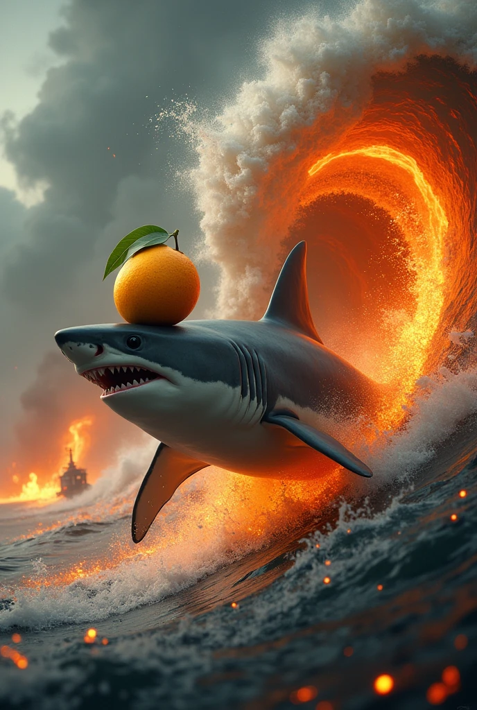 A WWII mango on top of a shark surfing a lava tsunami